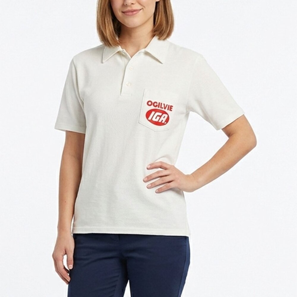 Vintage 90s IGA OGILVIE Polo Shirt Grocery Workwear Ivory Red Cotton Poly Ottawa